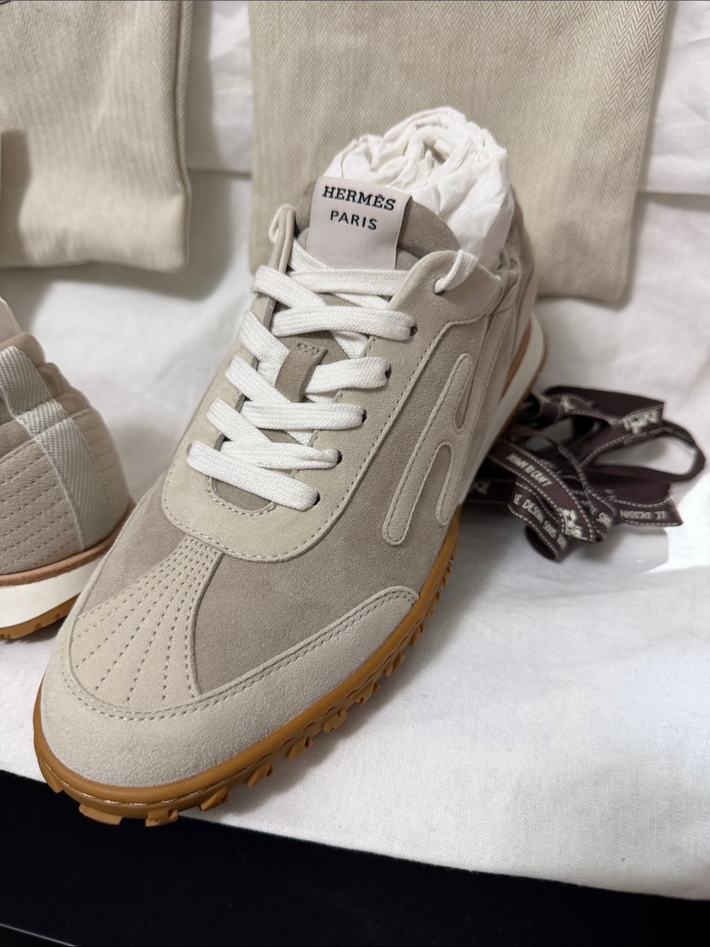 Hermes Beige and Gum Sole Suede Lace-Up Sneakers - Picture 8 of 10